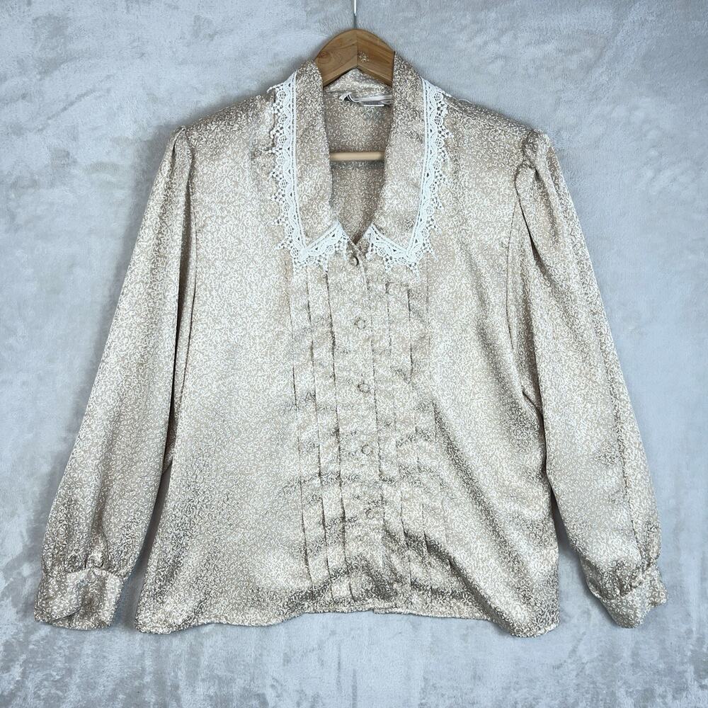 Michelle Stuart 80s Romantic Lace Collar Blouse 14 Champagne Gold Pleated Satin